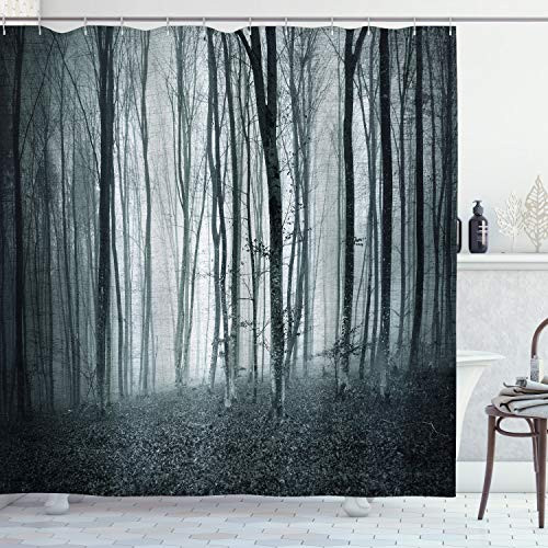"Ambesonne Mystical Shower Curtain, Grunge Color Shade Foggy Mystical Dark Forest Tall Trees Horror Theme Print, Fabric Bathroom Decor Set with Hooks, 84 Inches Extra Long, Teal and Grey " "Ambesonne Mystical Shower Curtain, Grunge Color Shade Foggy Mystical Dark Forest Tall Trees Horror Theme Print, Fabric Bathroom Decor Set with Hooks, 84 Inches Extra Long, Teal and Grey "