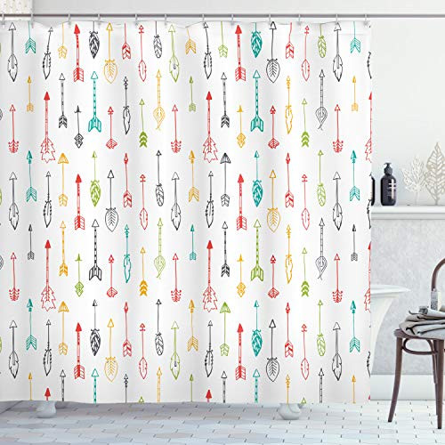 Ambesonne Arrows Shower Curtain, Colorful Hand Drawn Doodle Style Fun Art with Boho Style Arrows Vertical Pattern, Cloth Fabric Bathroom Decor Set with Hooks, 84" Long Extra, Yellow Green