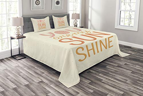 Lunarable Saying Bedspread, Pastel Toned You are My Sunshine Calligraphy Nursery Themed Composition, Decorative Quilted 3 Piece Coverlet Set with 2 Pillow Shams, Queen Size, Orange Cream
