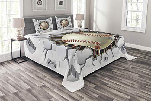 Ambesonne Sports Bedspread, Baseball and Old Plaster Concrete Wall Damage Illustration Competition, Decorative Quilted 3 Piece Coverlet Set with 2 Pillow Shams, Queen Size, White Red