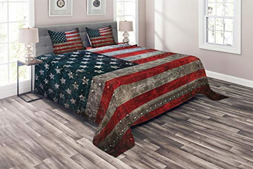 Ambesonne American Flag Coverlet, Royalty Flag Textured US Backdrop on Damaged Board Plate Design Artwork Print, 3 Piece Decorative Quilted Bedspread Set with 2 Pillow Shams, Queen Size, Red Grey