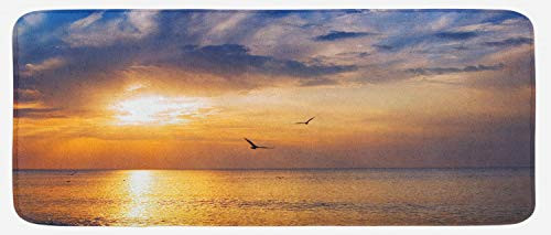 Ambesonne Birds Kitchen Mat, Early Morning Sunrise Over The Ocean and a Bird Horizon Nature Panoramic View, Plush Decorative Kitchen Mat with Non Slip Backing, 47" X 19", Orange Blue