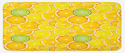 Ambesonne Yellow Kitchen Mat, Lemon Orange Lime Fruit Citrus Round Cut Circles Big and Small Pattern, Plush Decorative Kitchen Mat with Non Slip Backing, 47" X 19", Yellow White