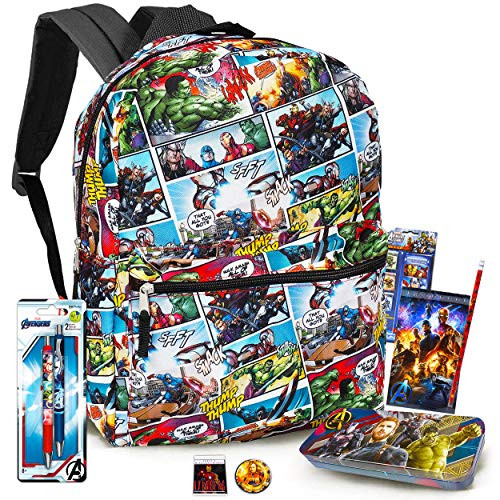 Marvel Avengers Backpack Set Boys Girls Kids - 7 Piece Marvel Avengers Superhero School Backpack Bag Set with Notebook, 2 Folders, Pencils, Stickers and More (Marvel Avengers School Supplies)