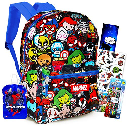 Marvel Kawaii Avengers Backpack Set Boys Girls Kids - 5 Piece Marvel Superhero School Backpack Bag Set with Notebook, Water Bottle, Pencils, Stickers and More (Marvel School Supplies)