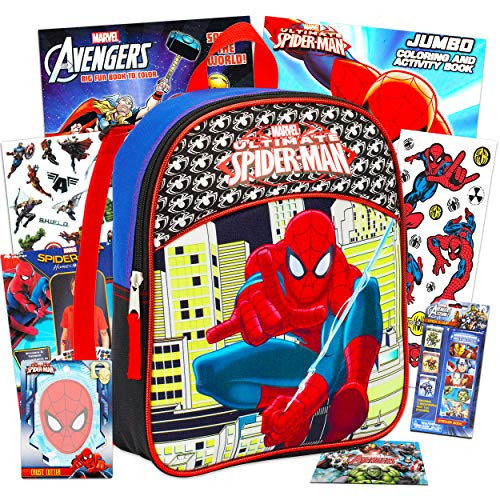 Marvel Spiderman Backpack Set Toddler Preschool - 11" Mini Spiderman Backpack with Super Hero Coloring Books, Stickers, Temporary Tattoos and More (Travel Activities Pack for Toddlers Kids)