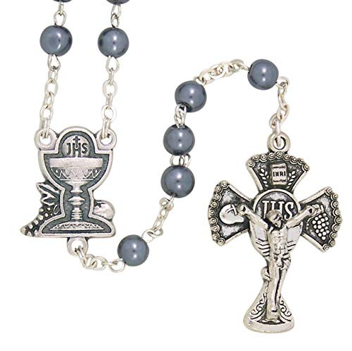 Lumen Mundi Boys My Holy First Communion Black Hematite Bead Rosary with JHS Chalice Centerpiece