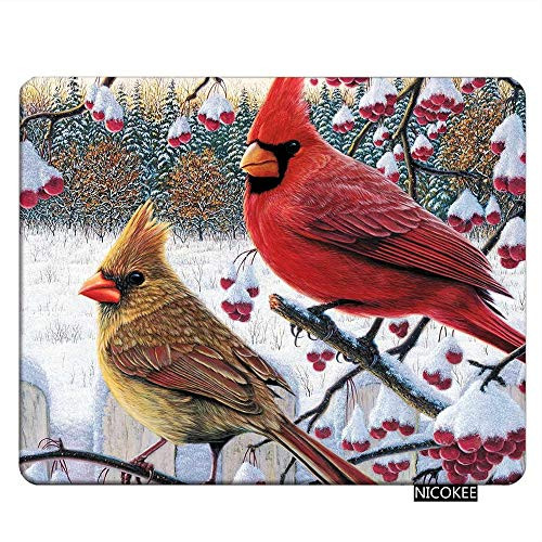 Nicokee Birds Gaming Mousepad Winter Cardinal Birds with Snow Red Brown Mouse Pad Rectangle Mouse Mat for Computer Desk Laptop Office 9.5 X 7.9 Inch Non-Slip Rubber
