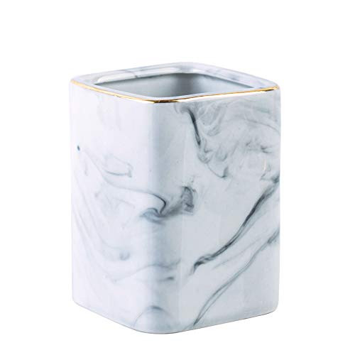 YOSCO Ceramic Desk Pen Holder Stand Square Marble Pattern Pencil Cup Pot Desk Organizer Makeup Brush Holder (Gray)