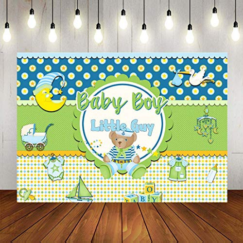 Cartoon Bear Little Guy Baby Boys Photography Backdrop Infant Newborn It's a Boy Prince Welcome Baby Background Cake Table Banner Decorations Photo Studio Booth Props Vinyl 7x5ft