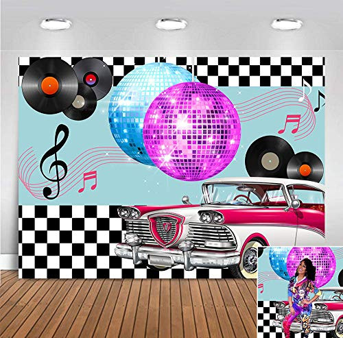 Black White Grid Cars Photography Back to 1950s Sock Hop Rock Roll Retro Disco Glitter Photo Background Music Fabulous 50s Pink Birthday Party Photo Booths Banner Supplies Vinyl 5x3ft
