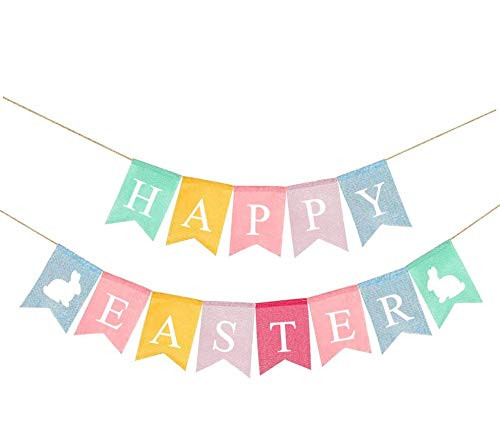 2 pcs Happy Easter Burlap Banner, Easter Garland for Easter Decorations, Spring Themed Party Favors Supplies, Happy Easter Day Home Decor for Mantle Fireplace