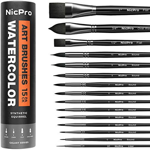 Nicpro 15 PCS Professional Watercolor Paint Brushes Set, Artist Synthetic Fine Squirrel Brush Round Tip for Detail, Gouache, Acrylic?Oil Painting