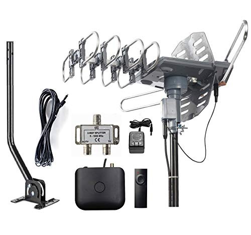 McDuory Outdoor Amplified Digital Antenna 150 Mile HDTV Antenna - 360 Degree Rotation with Infrared Control - High Performance in UHF/VHF- 40 Feet RG6 Cable/Mounting Pole/2-Way Splitter Included