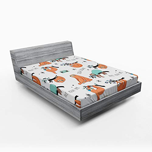 Ambesonne Sloth Fitted Sheet, Pattern with Hand Drawn Sloths on Branches Laziness Mood Words Fun, Soft Decorative Fabric Bedding All-Round Elastic Pocket, Full Size, Orange Blue
