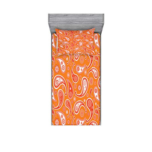 Lunarable Burnt Orange Fitted Sheet & Pillow Sham Set, Paisley Unusual Motifs Eastern Oriental Style Patterns Print, Decorative Printed 2 Piece Bedding Decor Set, Twinxl, Orange White