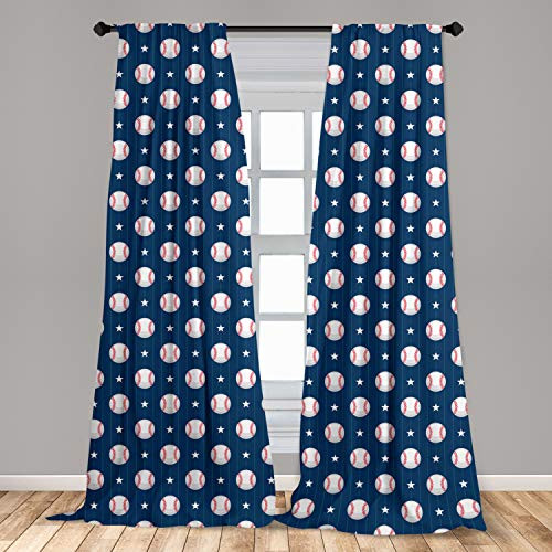 Ambesonne Sports Curtains, Baseball Patterns on Vertical Striped Background Stars Design, Window Treatments 2 Panel Set for Living Room Bedroom Decor, 56" x 63", Blue Red