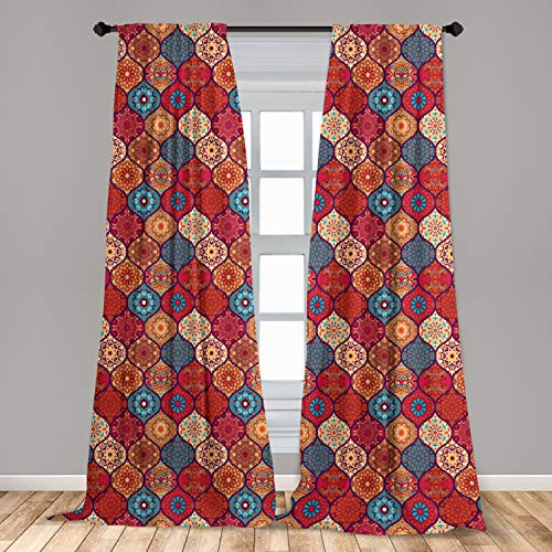 Ambesonne Moroccan Curtains, Oriental Wavy Curvy Pattern with Spring Nature Inspired Retro Style Art Motifs, Window Treatments 2 Panel Set for Living Room Bedroom Decor, 56" x 84", Ruby Orange