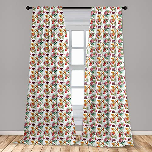 Ambesonne Skull 2 Panel Curtain Set, Lilies Tropical Flower Blooms Leaves on Skull with Watercolor Painting Effect, Lightweight Window Treatment Living Room Bedroom Decor, 56" x 84", Orange Green