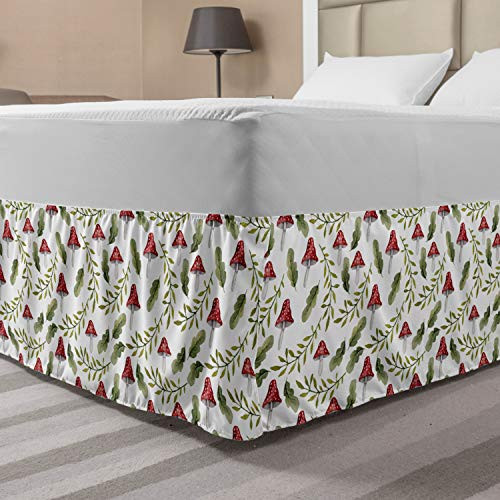 Ambesonne Mushroom Elastic Bed Skirt, Watercolor Pattern Green Leaves Forest Elements Botanical Woodland Theme, Wrap Around Fabric Bedskirt Dust Ruffle for Bedroom, Queen, Green Ruby