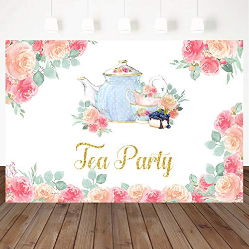 Mocsicka Tea Party Backdrop Watercolor Floral Girl Birthday Party Decorations 7X5ft Vinyl Floral Tea Birthday Party Photography Background