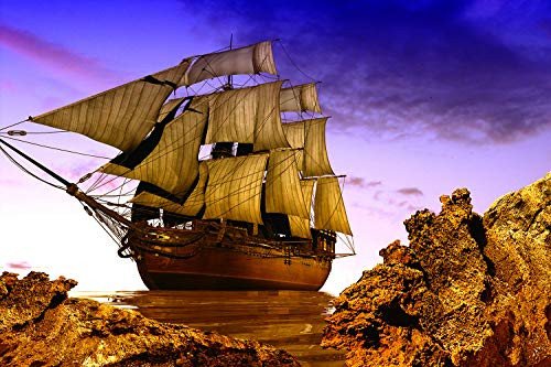 DZJYQ 10x6.5ft(3x2m) Gorgeous Purple Blue Sky Cloud Golden Stone Mountain Sea Ocean Wooden Pirate Sailboat Cruise Ship Wedding Birthday Party Decoration Portrait Backdrop Photography Background 65