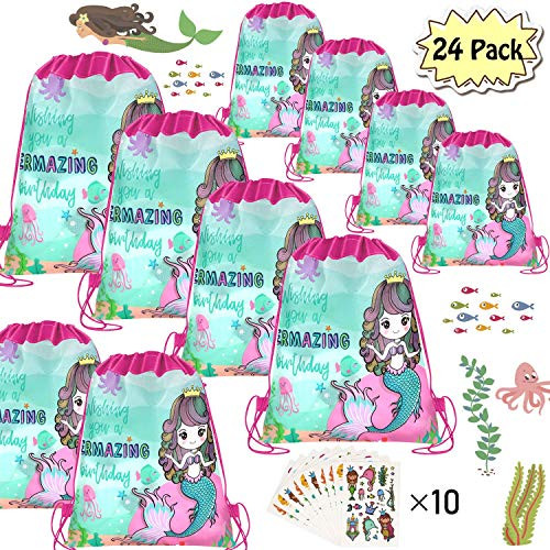 POKONBOY 24 Pack Mermaid Party Favor Gift Bags for Mermaid Party Supplies and Party Decorations, Mermaid Drawstring Backpacks, Mermaid Party Goodies Bags for Kids Mermaid Birthday Party & 10 Sheets of Tattoos