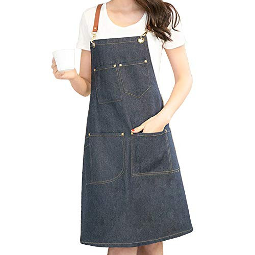 Apron Work Apron?Men & Women with Pocket & Cross-Back Straps? Kitchen, Cooking, Chef, Barbecue, Fashion Denim Belt Adjustable Ease and Comfort Work Apron. (Blue)