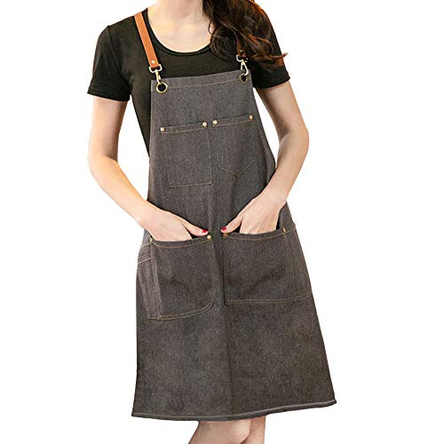 Apron Work Apron?Men & Women with Pocket & Cross-Back Straps? Kitchen, Cooking, Chef, Barbecue, Fashion Denim Belt Adjustable Ease and Comfort Work Apron. (Gray)