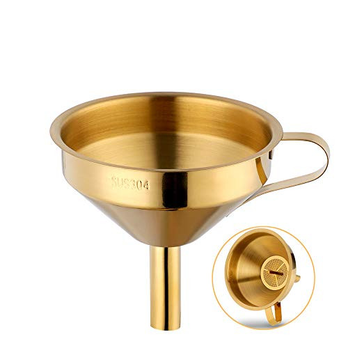 Stainless Steel Wide Mouth Funnels with Detachable Strainer, 5-inch Funnel for Filling Small Bottles and Jars, Cooking Oil and Transmission Liquid and Powder, Food Grade Metal Kitchen Funnels Gold Stainless Steel Wide Mouth Funnels with Detachable Strainer, 5-inch Funnel for Filling Small Bottles and Jars, Cooking Oil and Transmission Liquid and Powder, Food Grade Metal Kitchen Funnels Gold
