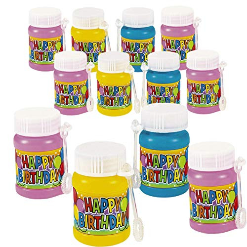 Kicko Mini Happy Birthday Bubbles 2 Inches - Pack of 12 Assorted Colors Bottles - 1 Ounce with Wand - for Kids - Birthdays, Party Favors, Bag Stuffers, Fun, Toy, Prize