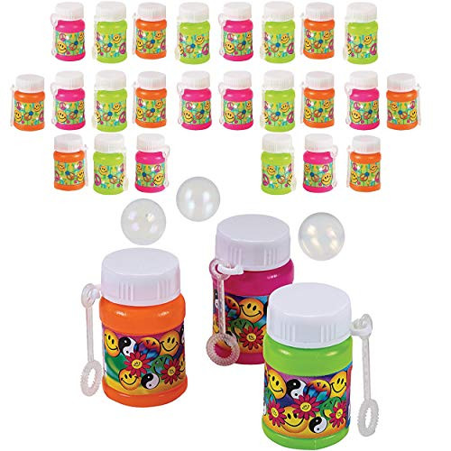 Kicko Mini Plastic 60s Bubble Bottles 2 Inches - 24 Pack - Assorted Colors Bottles 1 Oz. with Foldable Wands - Smile and Peace Symbols - for Kids Party Favors, Fun, Toy, Prize