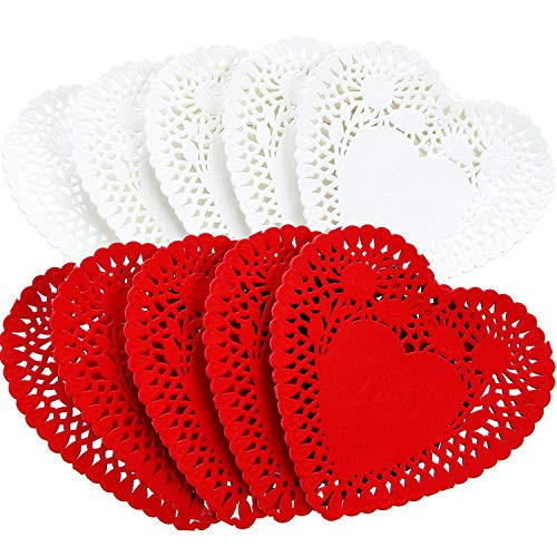 Mini Valentine's Heart Doilies Lace Paper Doilies for Wedding Decoration Valentine's Day Party Decor (400, White, Red)