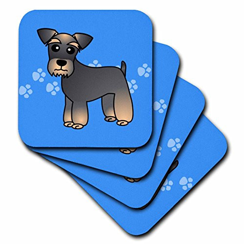 3dRose CST_40889_1 Miniature Schnauzer Banded Brown Base Coat (Salt and Pepper) Cartoon Dog Blue with Pawprints Soft Coasters, Set of 4