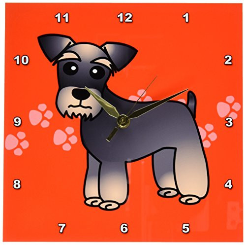 3dRose DPP_40887_1 Miniature Schnauzer Banded Brown Base Coat (Salt and Pepper) Cartoon Dog Red with Pawprints Wall Clock, 10 by 10-Inch
