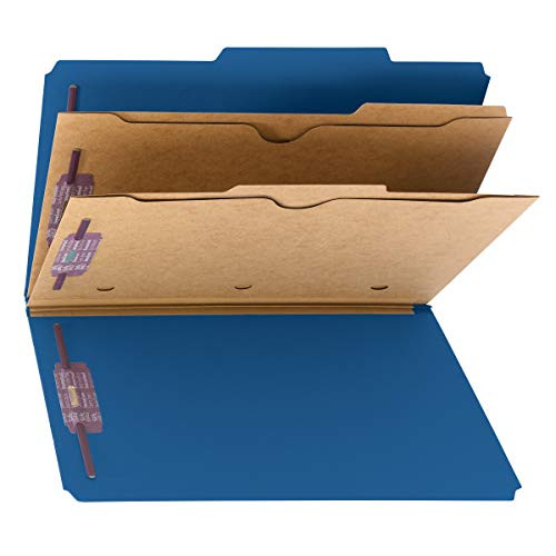 Smead Pressboard Classification File Folder with SafeSHIELD Fasteners, 2 Pocket Dividers, 2" Expansion, Legal Size, Dark Blue, 10 per Box (19077)