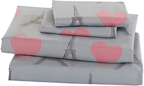 MK Home 4pc Queen Size Sheet Set for Girls Paris Bedding Eiffel Tower Pink Grey New
