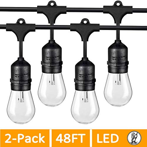 2-Pack 48FT LED Outdoor String Lights for Patio, Commercial Grade LED Edison Bulb String Lights Waterproof, Dimmable LED Cafe Lights Bistro Lights Shatterproof for Pergola Deck Backyard(Total 96FT)