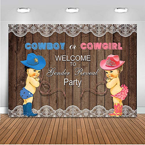 Mocsicka Cowboy or Cowgirl Gender Reveal Backdrop Blue or Pink Gender Reveal Party Decoration 7x5ft Vinyl Western Boy or Girl Photo Background