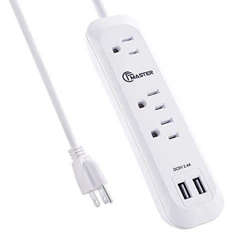 USB Surge Protector Power Strip Long Extension Cord 6 feet, 3 Outlets, 2 USB Ports (2.4A/12W), Overload Protection, Mountable Power Strip for Home Office, 1250W/10A, SGS Listed, White