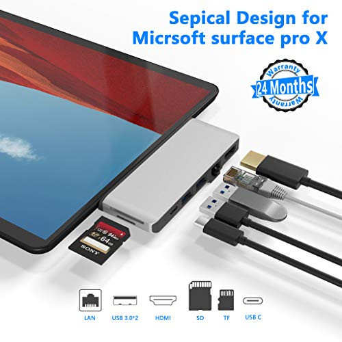 Surface Pro X Hub Docking Station, with 4K HDMI Adapter+1000M Gigabit Ethernet LAN+ USB C PD Charging +2 Port USB 3.0+SD/TF(Micro SD) Card Reader Converter Combo Adaptor for Microsoft Surface Pro X