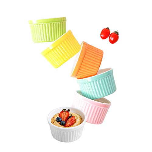 Ramekins Set 4 OZ Oven Safe, Porcelain Ramekins for Creme Brulee, Souffle, Ice Cream, Desserts, Baking Dish Set, Souffle Dishes, Cupcake Baking Cups, Set of 6, Colorful