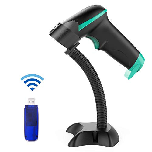 2D Wireless Barcode Scanner with Stand QR Code Scanner USB Cordless Image Reader, Capture 1D 2D QR PDF417 Bar Codes from Paper and Screen, with Auto Sensing for Supermarket Library Inventory