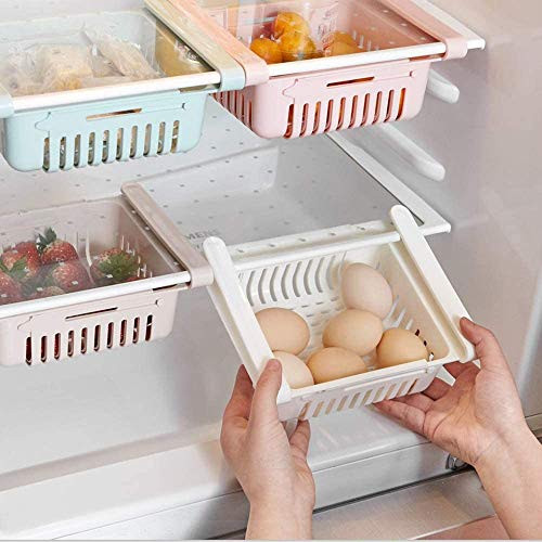 Fridge Drawer Organizer, 4 Pack Retractable Drawer Refrigerator Storage Box, Unique Design Pull Out Bins, Fridge Shelf Holder Storage Box, Small Size, Fit for Fridge Shelf Under 0.5 inch 