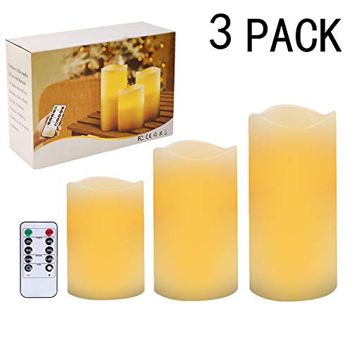 Nancia Flameless Candles Battery Operated Candles 4" 5" 6" Set of 3 Ivory Real Wax Pillar LED Candles with 10-Key Remote and Cycling 24 Hours Timer