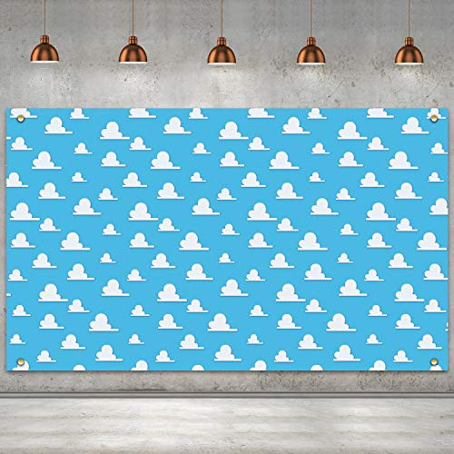 Blue Sky White Clouds Backdrop photography 72.8x43.3 Inch Fabric Cartoon Kids Birthday Party Boy Baby Shower Background Step and Repeat Dessert Table Banner Photo Studio Props