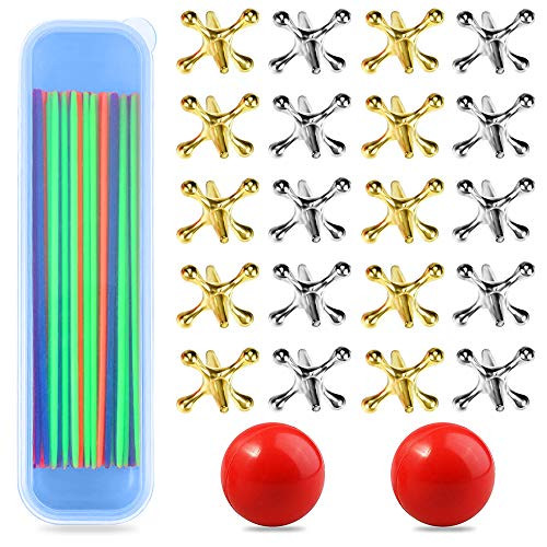 Neo LOONS 2 Sets Jacks Game Toys Kits with Pick Up Sticks, Include 20 Pcs Metal Jacks with 2 Pcs Red Rubber Balls & 90 Pcs Pick Up Sticks, Classic Game of Jacks for Kids Adults