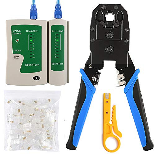Solsop Cable Tester RJ45 Crimp Tool kit CAT5 Cat5e Crimping Tool Crimp Crimper with 100PCS RJ45 CAT5 CAT5e Connectors, Network Wire Stripper