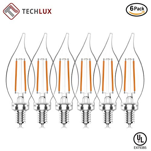 TECHLUX BA11(CF35) LED Edison Filament Lights Vintage 25W Equivalent Dimmable Lamps 2.7W Candles Bulbs Clear Glass Candelabra/Chandelier Bulb, Daylight 5000K,E12 Screw Base, Pack of 6
