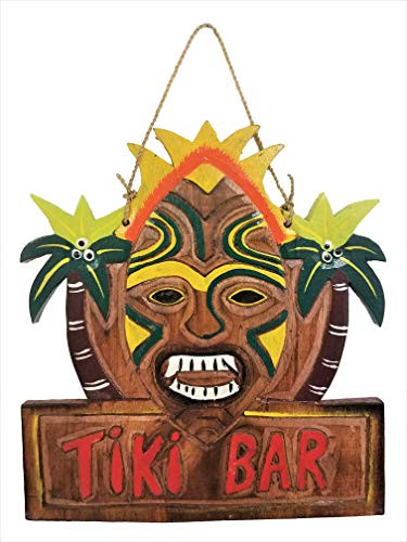 All Seas Imports New 12" x 10.5" Vibrant Painted HANDCARVED Wood Tiki BAR Sign with Palm Trees!